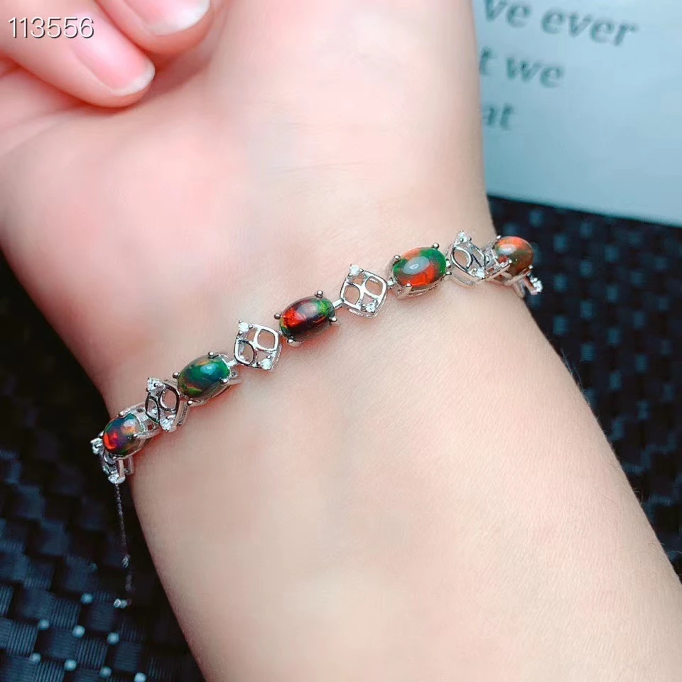 

MeiBaPJ Real Natural Black Opal Simple Bracelet 925 Sterling Silver Colorful Stone Bangle for Women Fine Wedding Jewelry