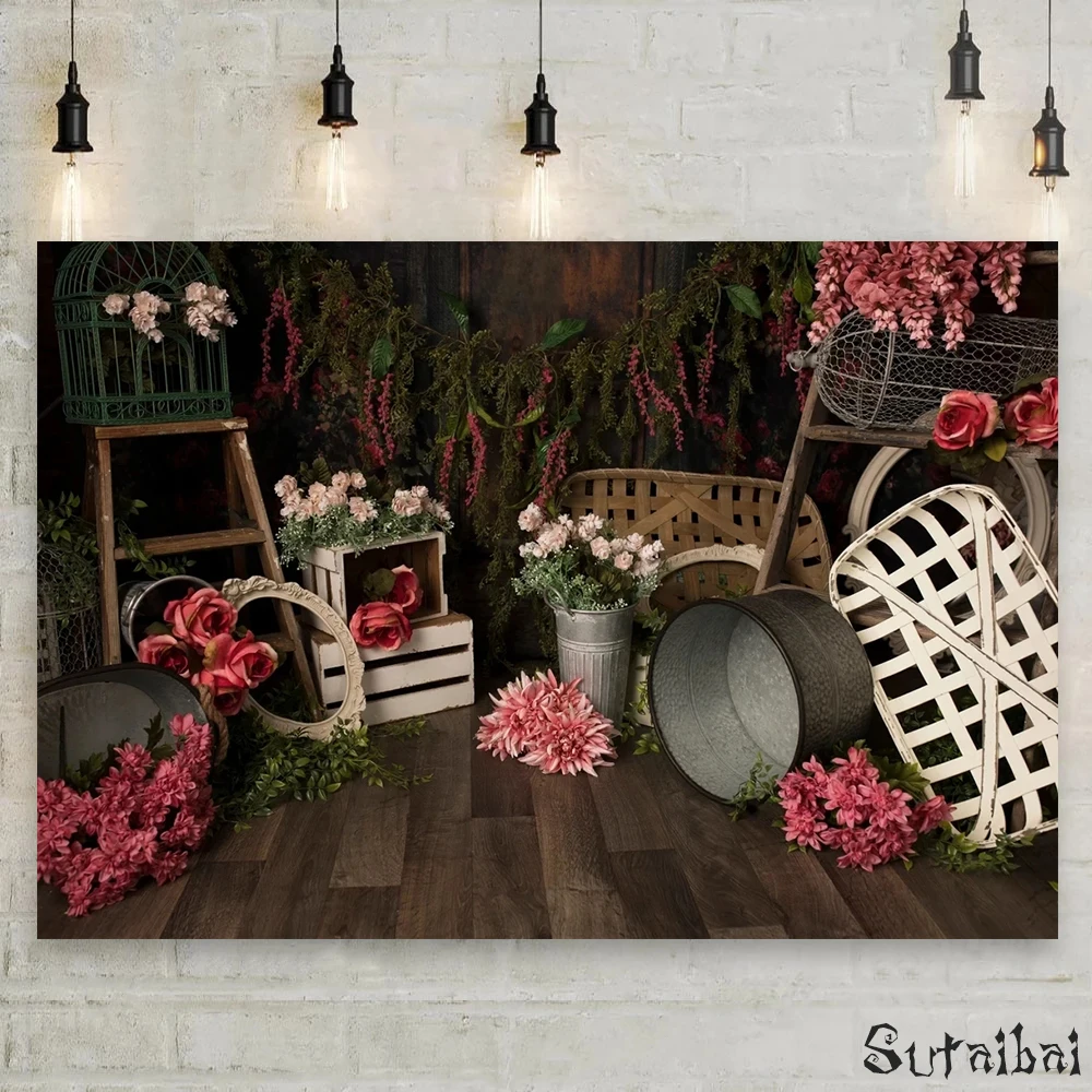 

Garden Flower Backdrop Spring Scenery Newborn Kids Portrait Background for Photography Studio Wood Floor Children Photo Backdrop