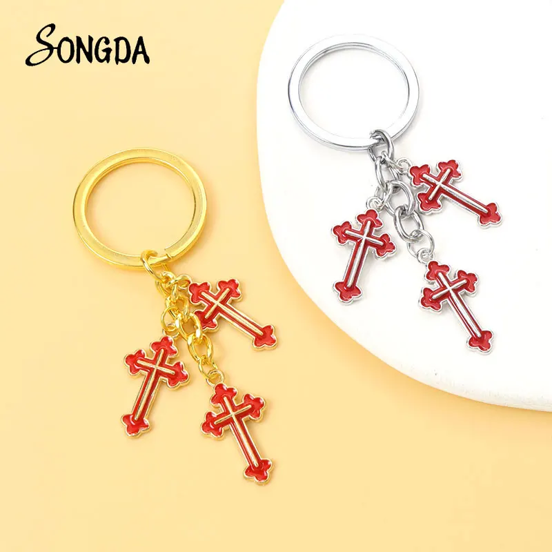 

Fashion Colorful Cross Enamel Keychain Drop Oil Crosses Pendant Key Ring Handbag Purse Car Key Accessories Women Jewelry Gift