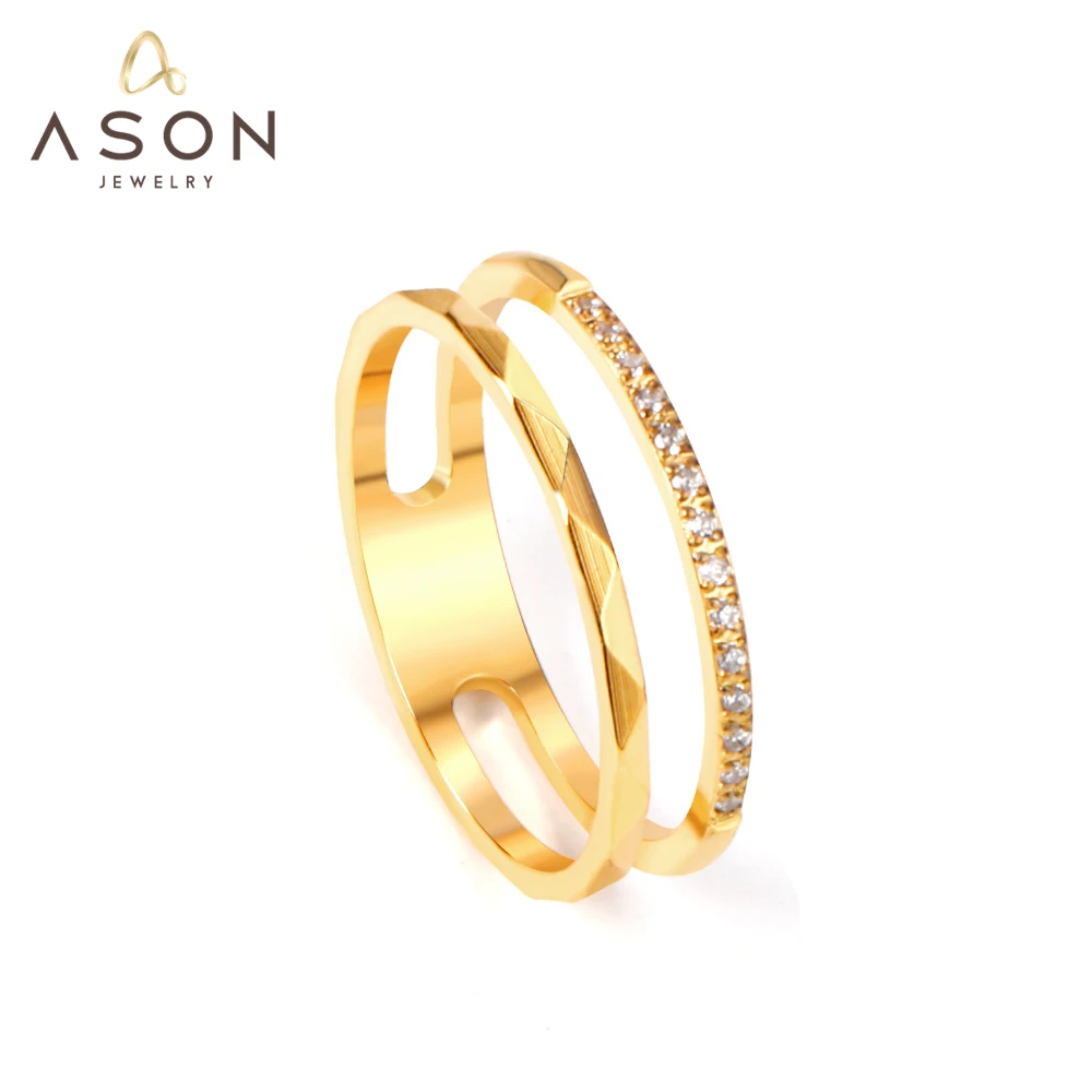 

ASONSTEEL Double Layer Geometric Cubic Zirconia Fashion Gold Color Stainless Steel Finger Rings for Women Wedding Ring Jewelry