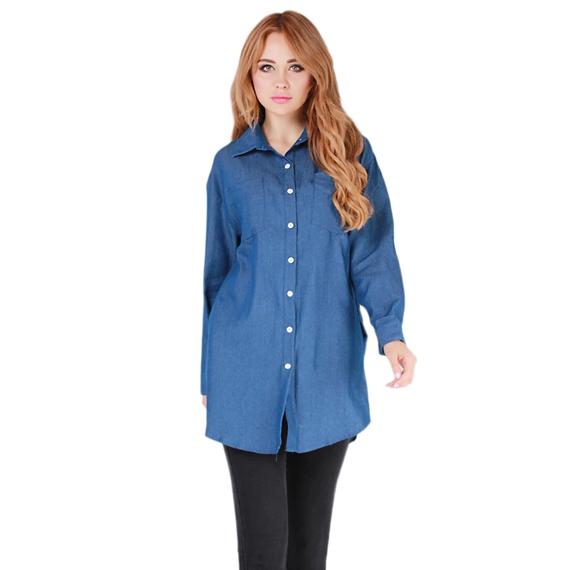 

New Fashion Casual Long Sleeve Loose Shirt Women Denim Blouse with Pockets Buttons Blue Jeans Shirts Female High Quality