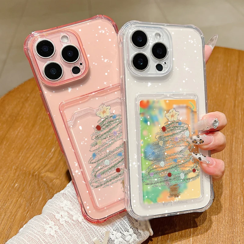 Фото Чехол для iPhone 16 Pro Max с роскошным принтом «Рождественская елка», прозрачный мягкий силиконовый чехол-держатель для карт для iPhone 15 14 13 Pro Max 12 11 №3