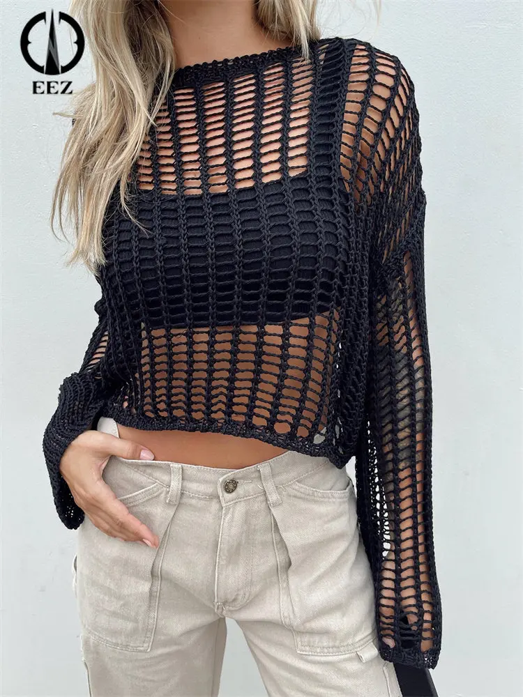 

【 8 Colors 】Women Knitted Hollow Out Fishnet Crop Top Sexy Long Flare Sleeve See Through Pullover Loose T-shirt Coquette Sweater