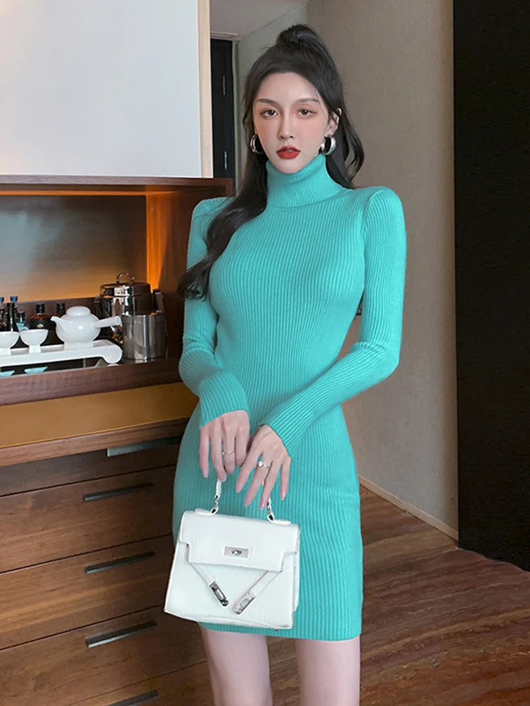 

Korea Style Long Sleeve Bodycon Sheath Sexy Sweater Dress Women Autumn Winter Mini Thick Turtleneck Knit Dresses Elegant Clothes