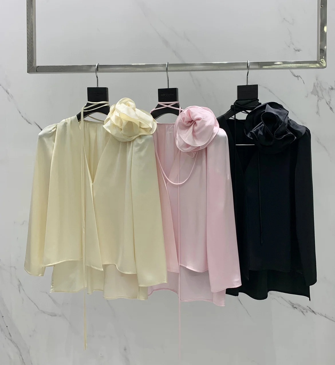 

Women Lace Up V Neck 3D Flower Appliques Women Double-sided Satin Acetate Shirt