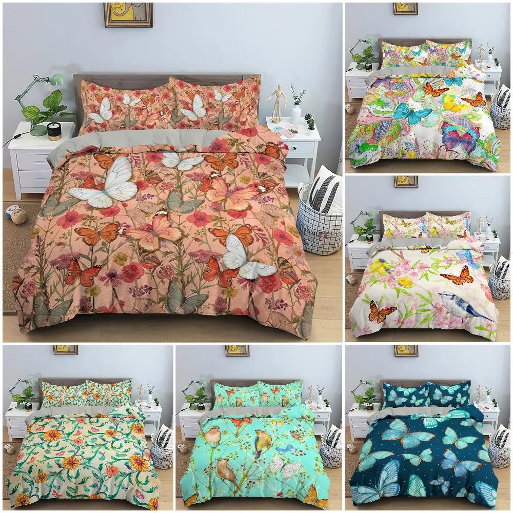 

Butterfly Bedding Set Flower Pattern Duvet Cover Queen Size Comforter Sets for Kids Adults Bedclothes 2/3Pcs
