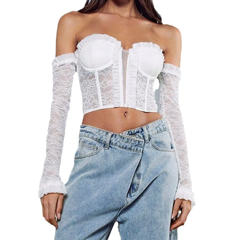 

Europe And America 2023 Summer New Product Women's Sexy Spicy Girl Slim Fit Lace Panel Long Sleeve Perspective Bra Top
