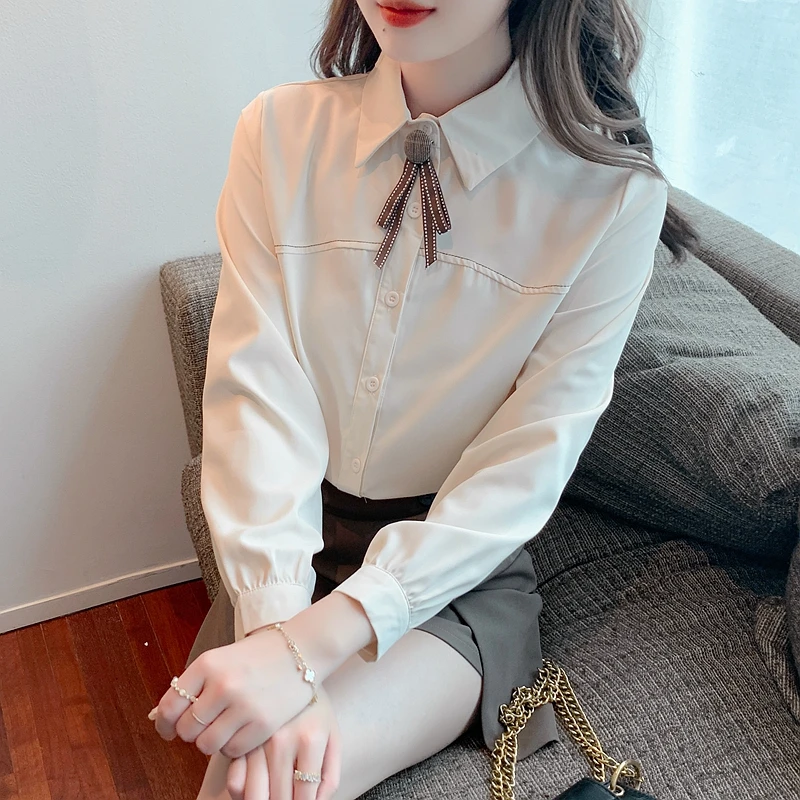 

Women Clothing Spring Autumn White Shirt Vintage Chiffon Blouse Turn Down Collar Elegant Office Wear Basic Loose Women Top 982F