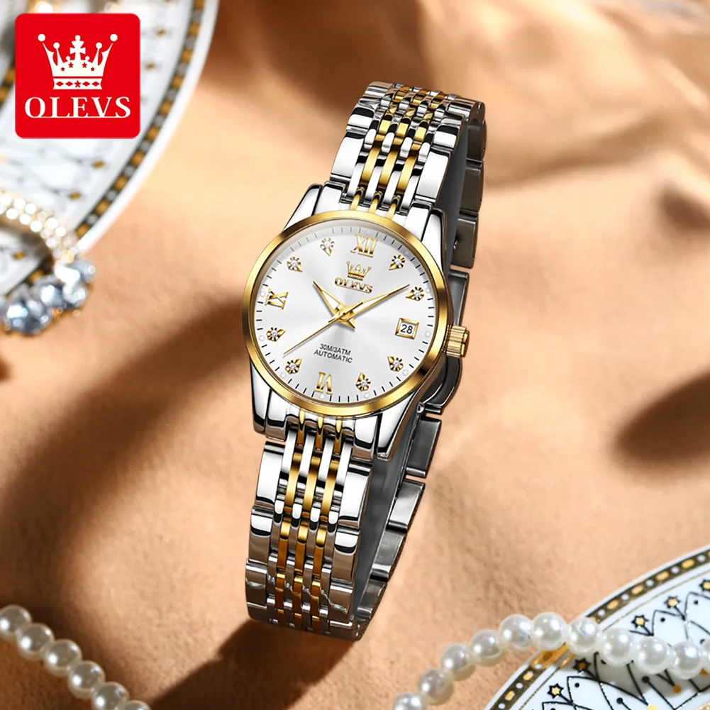 OLEVS 2023 New Womens Mechanical Watches Top Brand Luxury Stainless Steel Waterproof Automatic Wristwatch Bracelet Necklace Set enlarge