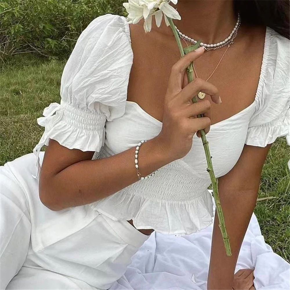 

Summer white crop top vintage clothes puff sleeve top sexy womens tops and blouses elegant square neck blouse women ruched top