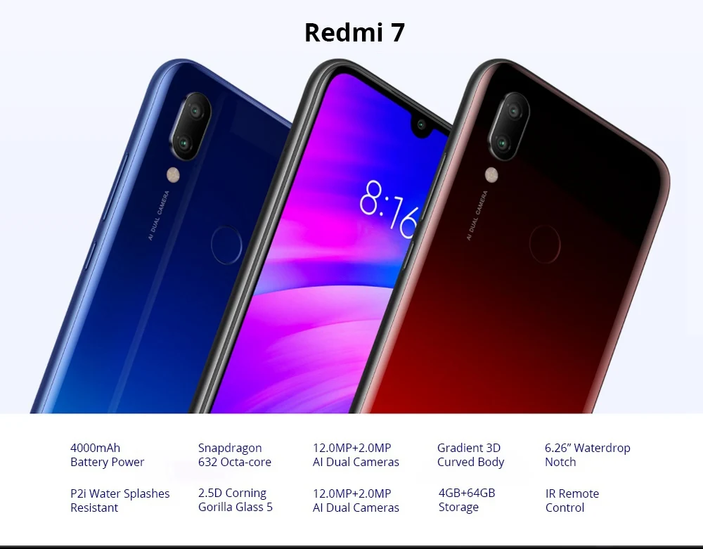 smartphone Xiaomi  Redmi 7 Netcom 4GB 64GB Googleplay inch 6.26 Android  4000mAh Fingerprint Qualcomm SDM632 Snapdragon 632