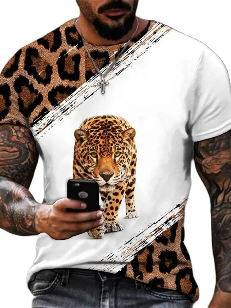 

Футболка мужская с 3D-принтом животного, уличная Свободная рубашка оверсайз с коротким рукавом и круглым вырезом, одежда с леопардовым принт...