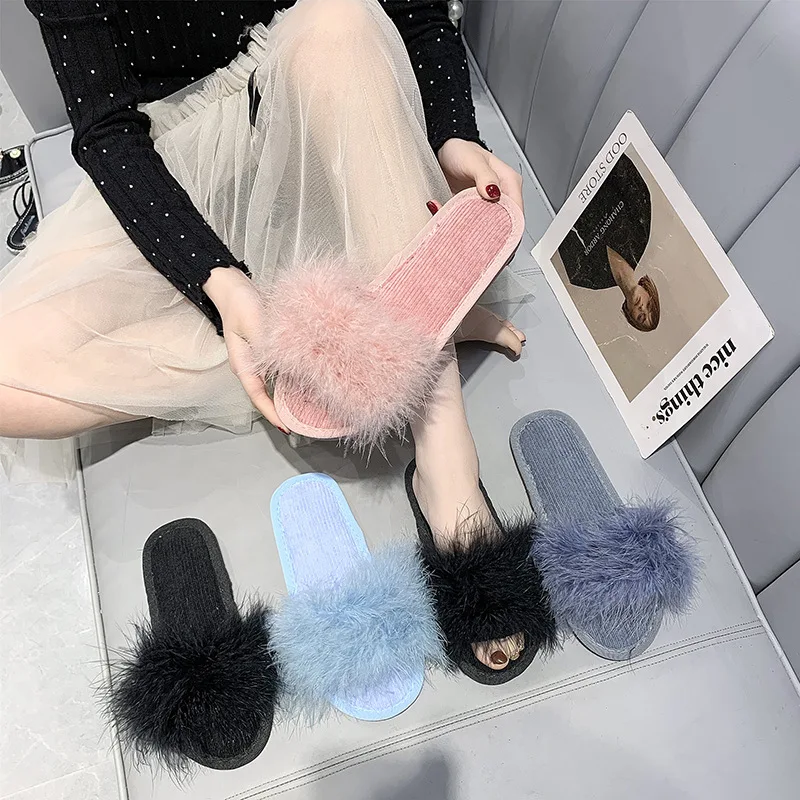 

Fur Sandals and Slippers Women Outer Wear Autumn and Winter New Open-toed Fashion Casual One-word Slippers 40-41 Chaussons Plats
