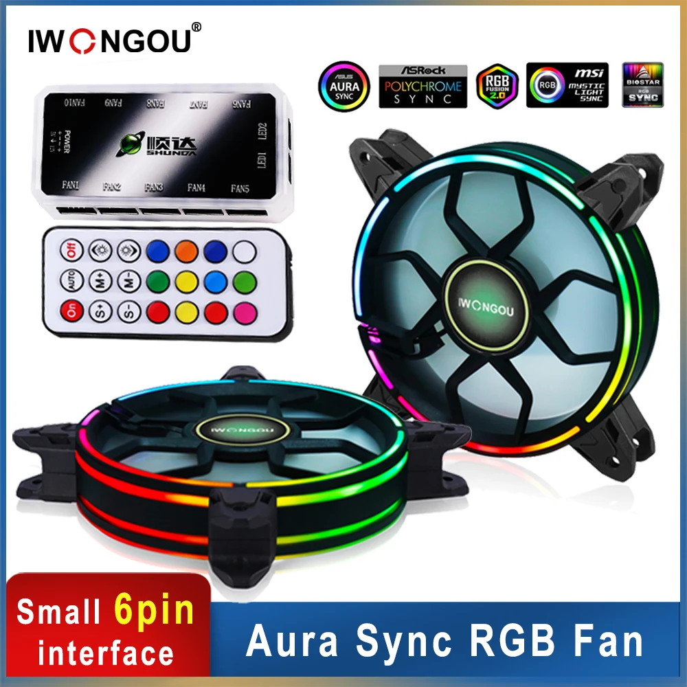 

IWONGOU Cooler Fan 120mm Heatsink Computer Ultra Silent Rgb LED 12 Volt Cooler 6PIN Adjustable Aura Sync Argb Cooling Fan