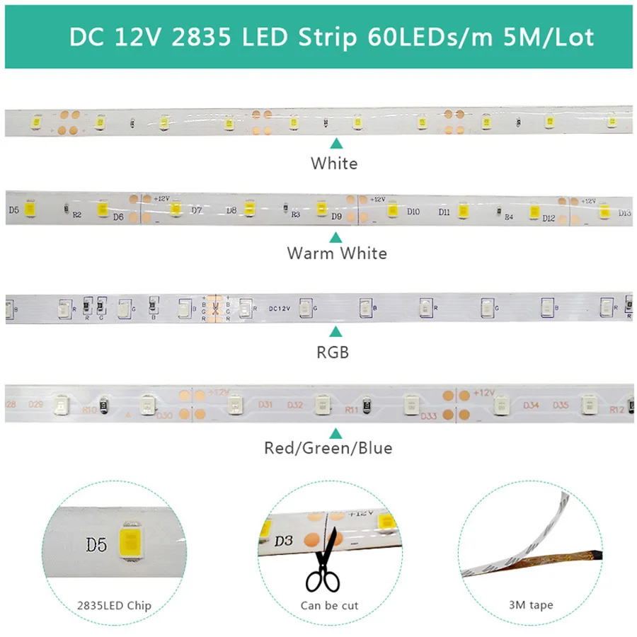 

SMD 2835 5050 LED Strip Light 5 meters 300leds Lamp RIbbon Warm White Green Blue Red Colorful Lighting Tape For House Garden Dec