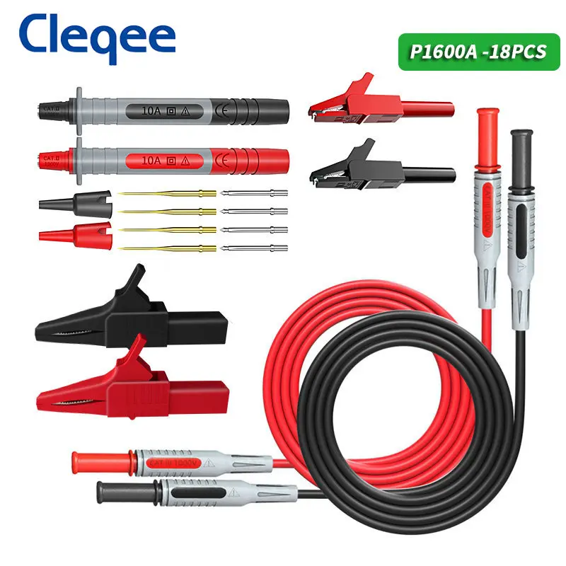 

Cleqee P1600A 18 шт., комплект тестовых проводов для мультиметра, 4 мм, штекер типа «банан», автомобильный набор, 100 см, кабельный провод, тестовый зонд, зажим «крокодил»