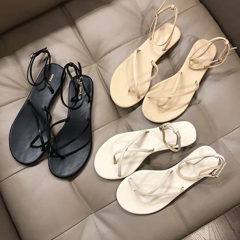 

One-word Buckled Toe Sandals Women's Summer 2022 New Soft Bottom Simple Girls Flat Shoes Fashion All-match Sandals