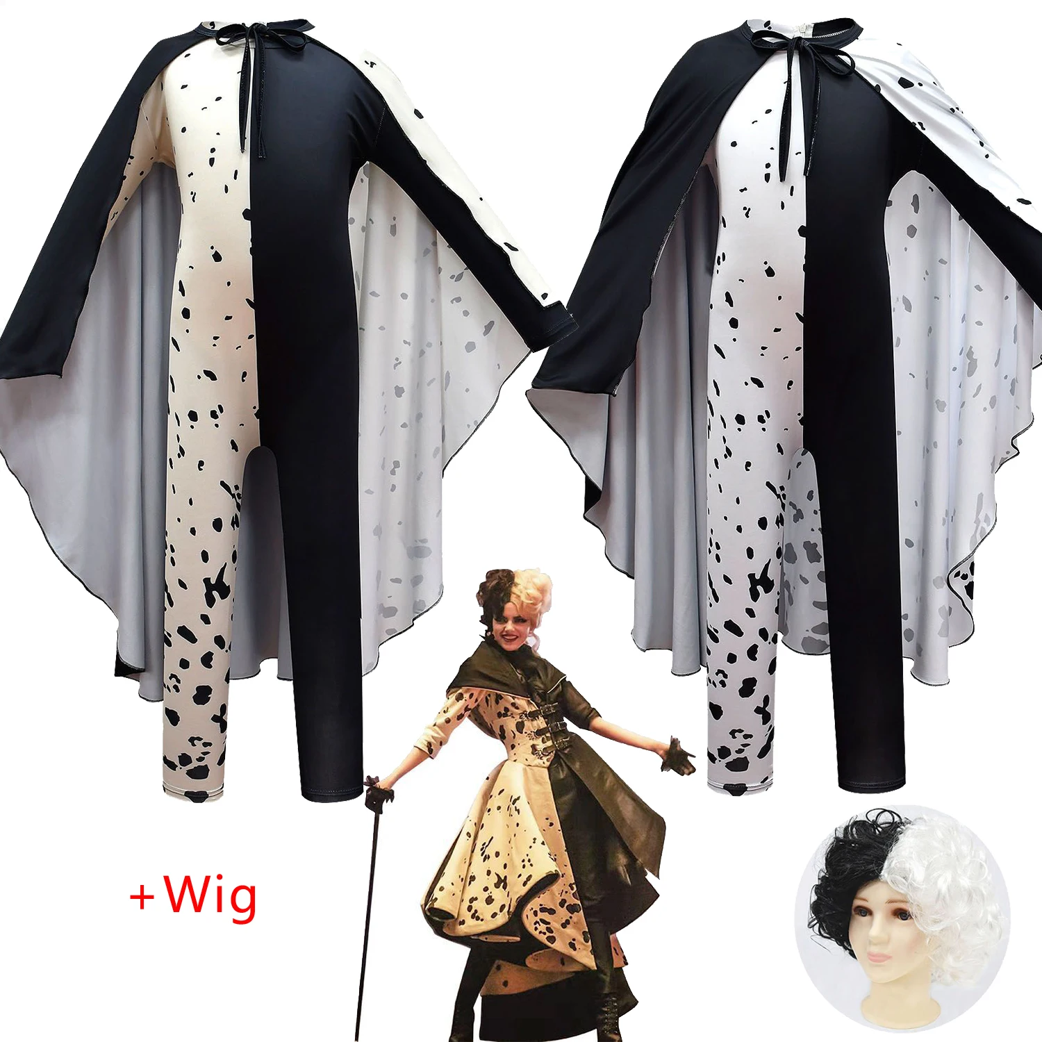 

New Movie Evil Madame Cruella De Vil Costume Women Cosplay Gown Black White Maid Dress Halloween Party Fancy Dress Wig Bodysuit