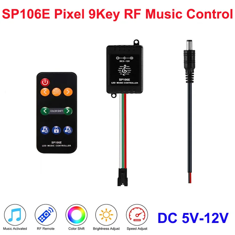 

SP106E RGB LED Controller 9 Keys RF Wireless Pixel IC SPI Music Colorful WS2811 WS2812B SK9822 SK6812 APA102 Strip Light DC5-12V