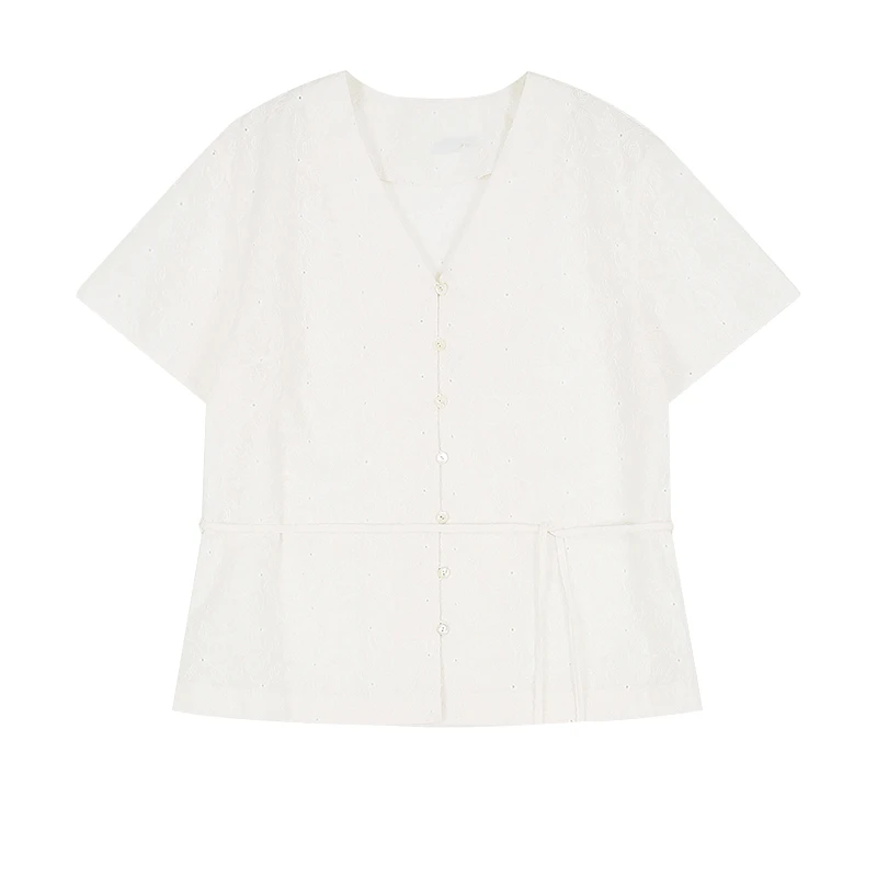 Nothing Written Short sleeve Shirts Women 2023 Summer Design Sense V-neck Lerobe Waist Hugging Shirt