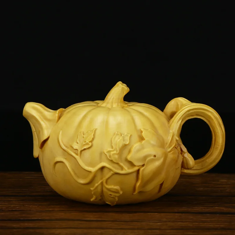 

Boxwood Wood Carved Pumpkin Teapot Statue Decor Figurines Craft Mascot Home Decoration Ornament