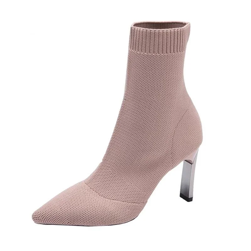 

Heels Socks Boots Women Stretch Metal Fabric Blade Elastic Stilettos Heel Pointed Toe Ankle Boots Mesh Shoes Woman Boats