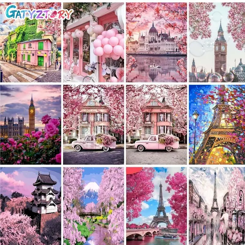 

GATYZTORY DIY Frame Painting By Numbers Cherry Blossoms Landscape HandPainted Art Gift Scenery Canvas Drawing Home Decor 60x75cm