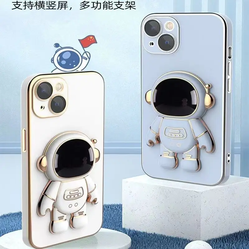 

New Electroplating Astronaut Bracket Funda For IPhone 11 12 13 11 Pro X XS Max XR 7 8 Plus SE Phone Case Soft Silicone Tpu