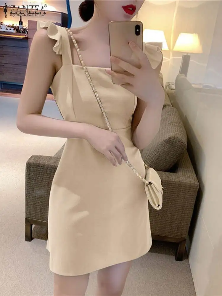 

ZANZEA 2023 Summer Korean Vestido Slim Fashion Mini Dress Wide Strap Women Short Robe Ruffles Stitching Sleeveless Sexy Sundress