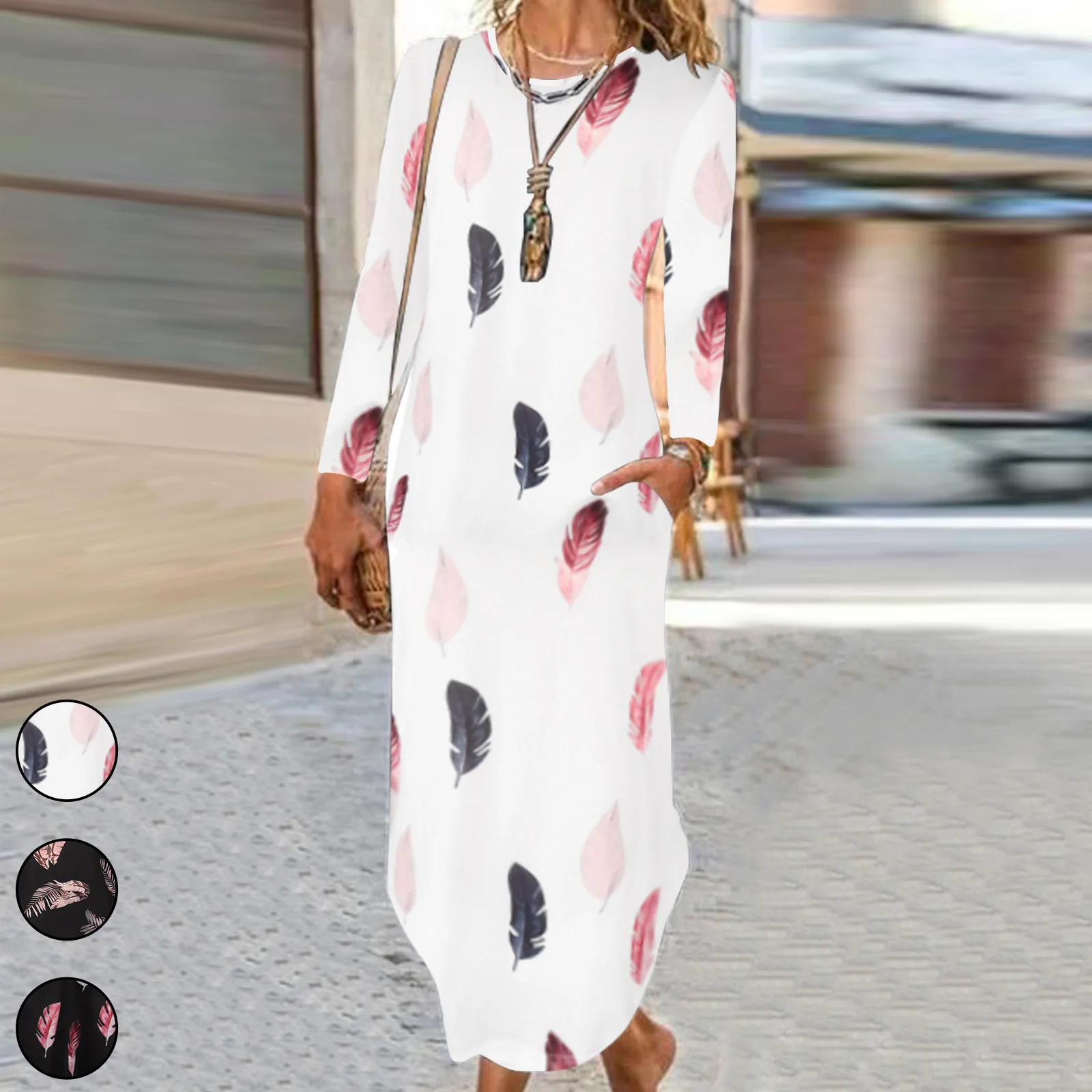 

2022 Fall New Women's Feather Loose Round Neck Long Sleeve Dress