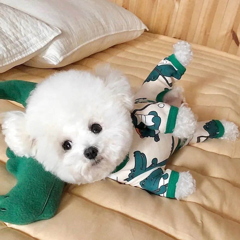 

Green Dinosaur Print Dog Clothes Autumn Thin Pet Clothing Bichon Yorkshire Four-legged Clothes Small Dog Home Clothes