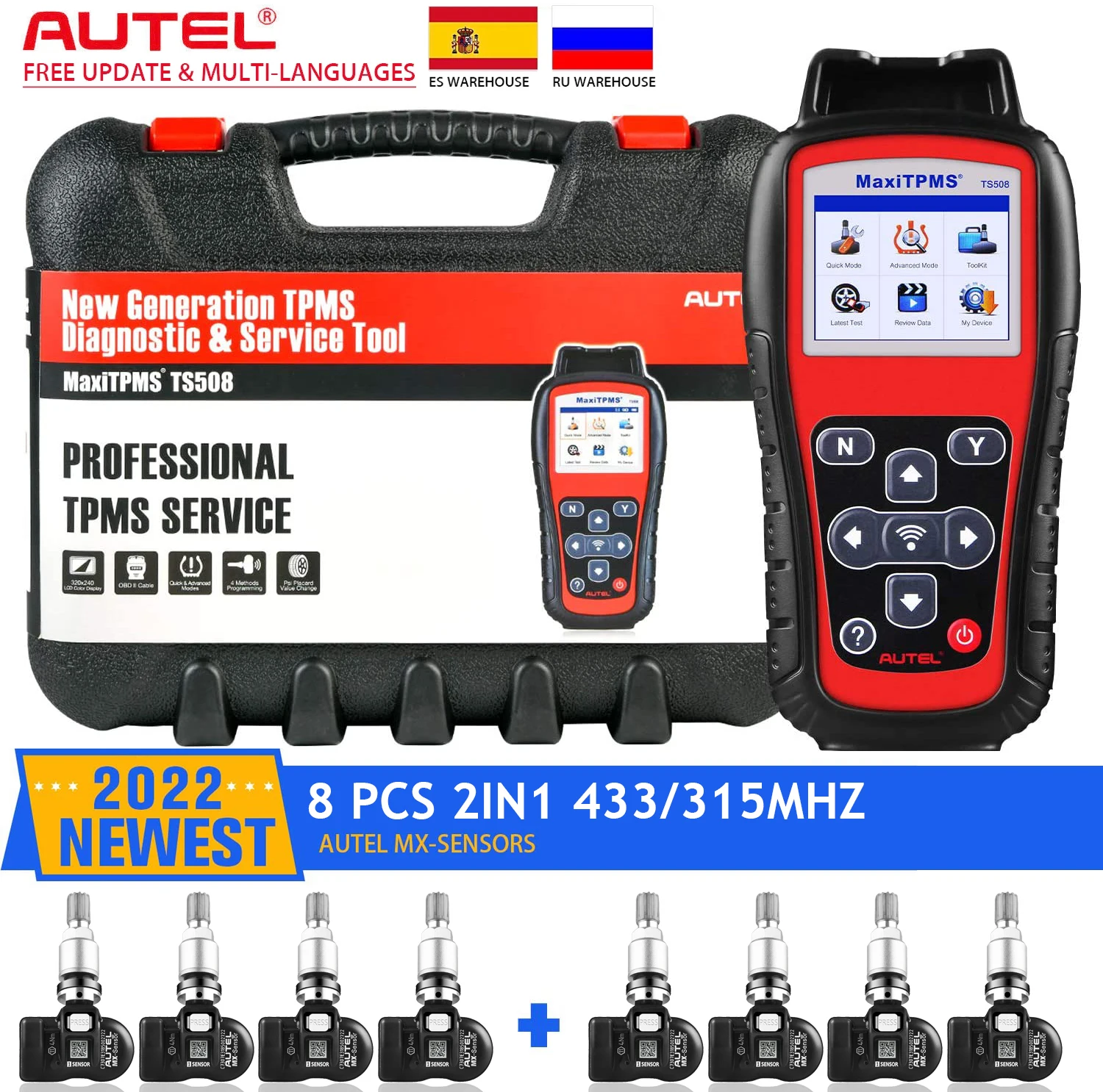 

Autel MaxiTPMS TS508 TPMS Diagnostic Tool with 8pc MX-Sensor 433MHZ/315MHZ Professional Tire Pressure Tool Programming MX-Sensor