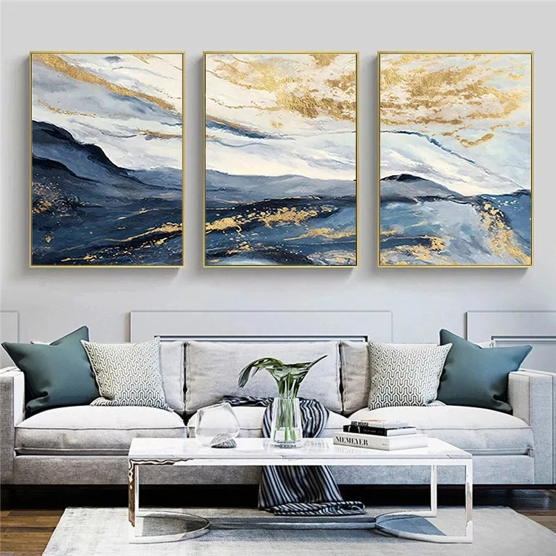 

Blue Abstract Landscape Painting Jinshan Snow Peak Triptych Drawing Room Entrance Background Wall Frameless Mural