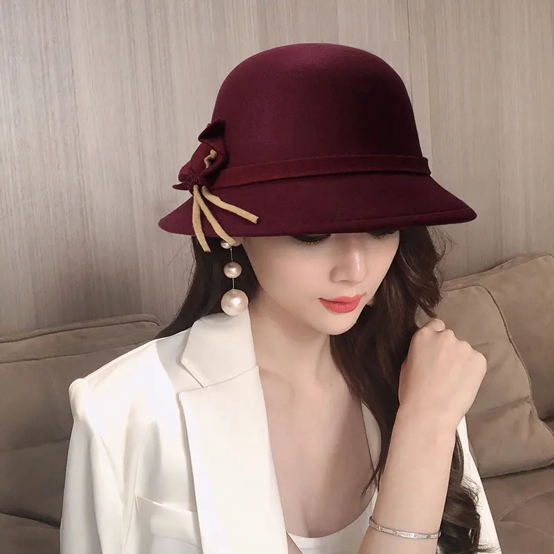 

Autumn Winter Fedoras Women Hat Elegant Vintage Bowknot Wool Ladies Hat Dome Felt Wedding Church Jazz Cap Female Bow Bowler