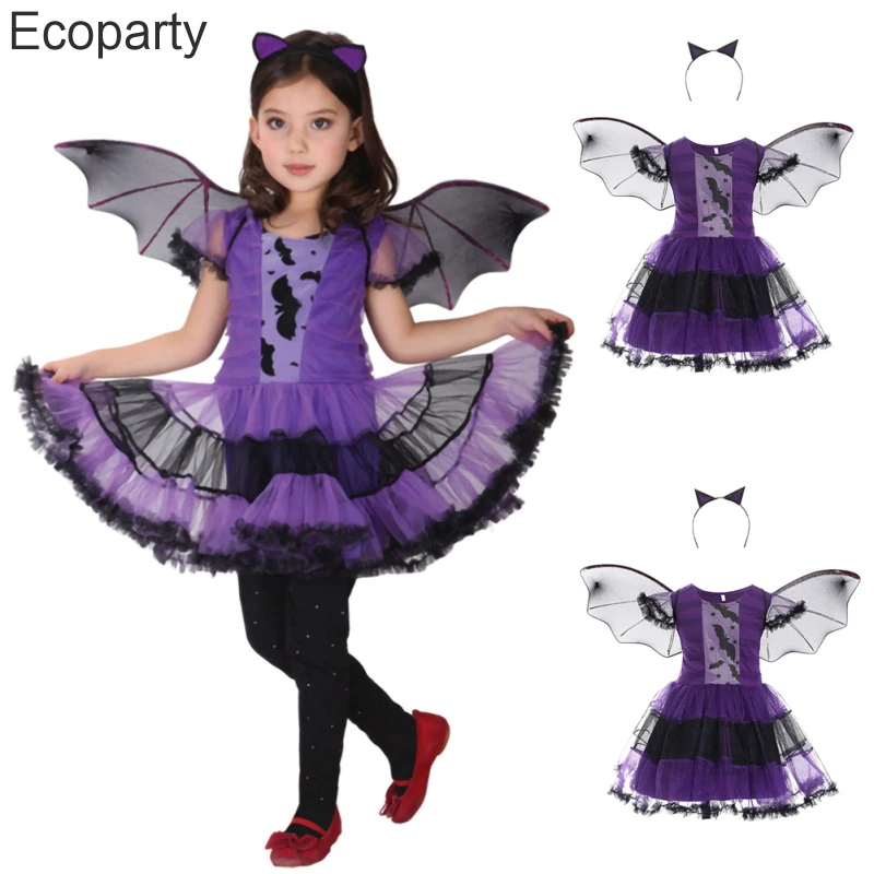 

Girls Halloween Bat Vampire Witch Cosplay Costume Kids Purple Short Sleeve Mesh Patchwork Dress With Bat Wings Masquerade Outfit