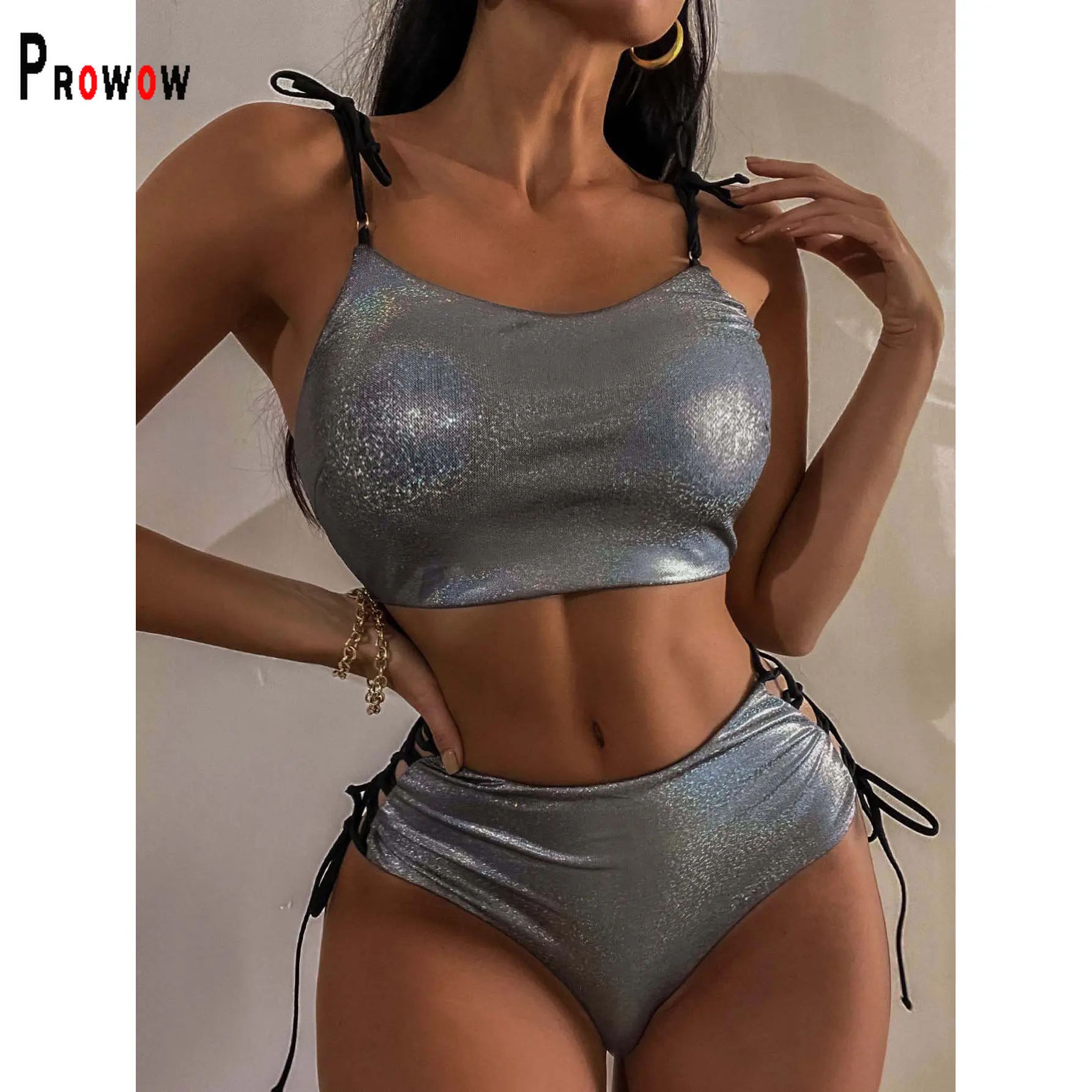 

Сексуальный женский комплект бикини Prowow, комплект из двух предметов, раздельная, с высокой талией, летний пляжный костюм на шнуровке