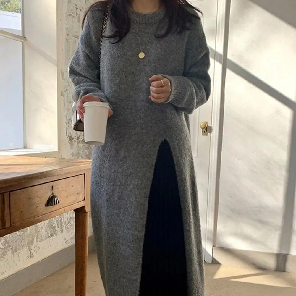 

Элегантное однотонное платье-свитер для женщин, повседневные женские вязаные пуловеры с длинным рукавом и разрезом спереди, Осень-зима 20221