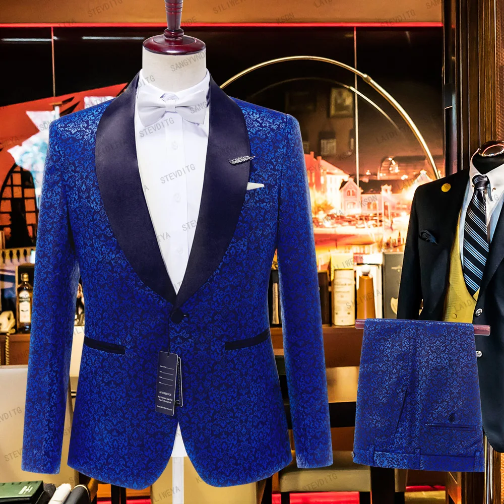 

Синие мужские костюмы SILIWEYA с рисунком, шаль, отворот, приталенный силуэт, высокое качество, под заказ, наборы блейзеров для свадьбы, 2 шт. (брюки-куртка)