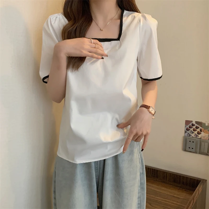 

Летняя Повседневная Свободная футболка, Женская однотонная Базовая футболка с коротким рукавом, женские мягкие корейские белые топы в стил...