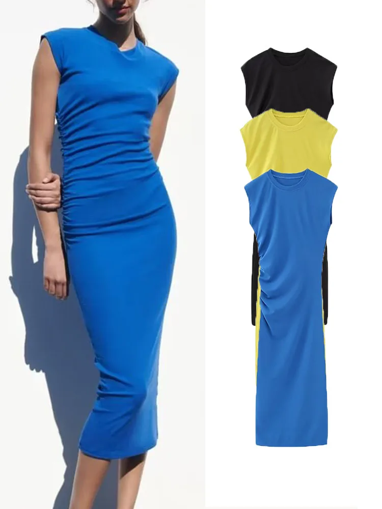 

Женское трикотажное платье с круглым вырезом, без рукавов