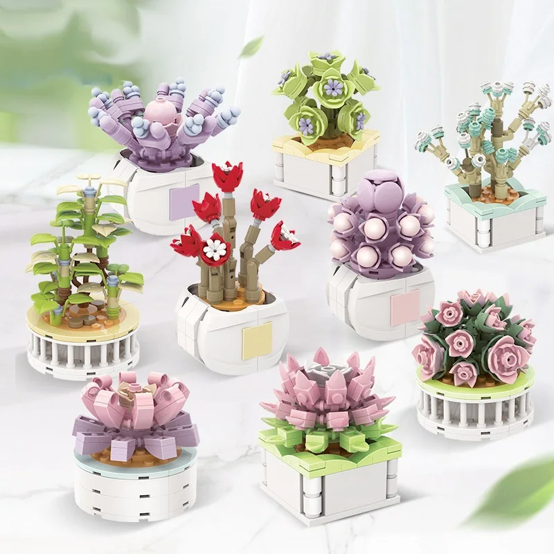 

Potted Plants Succulents Ornament Gardens Romantic Building Blocks Model Cactus Gypsophila Bonsai Tree Kids Bricks Kits Toys