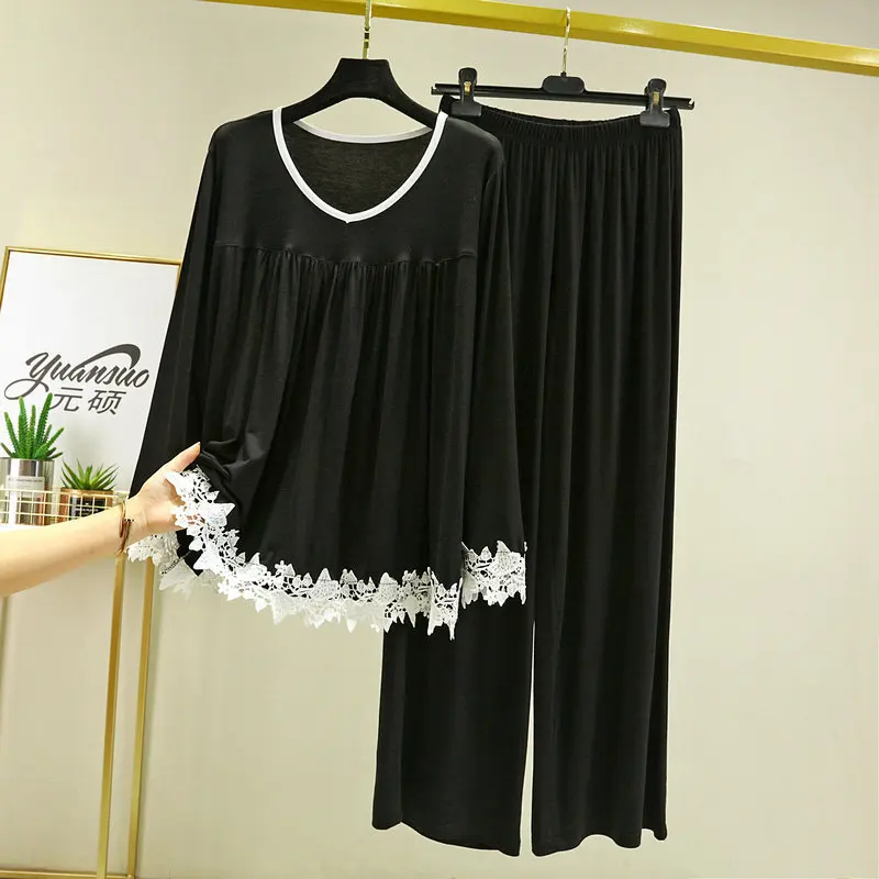 Women's Pajamas Set Modal NEW Soft Casual Sleepwear Set Women Pajama Set Full Sleeves Fashion Lace V-Neck Shirt Pant Homewear