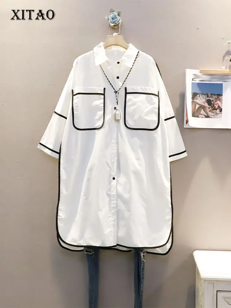 

XITAO Fashion Casual Shirt Personality Bright Line Splicing Decoration Simplicity Loose Turn-down Collar New Women WMD4581