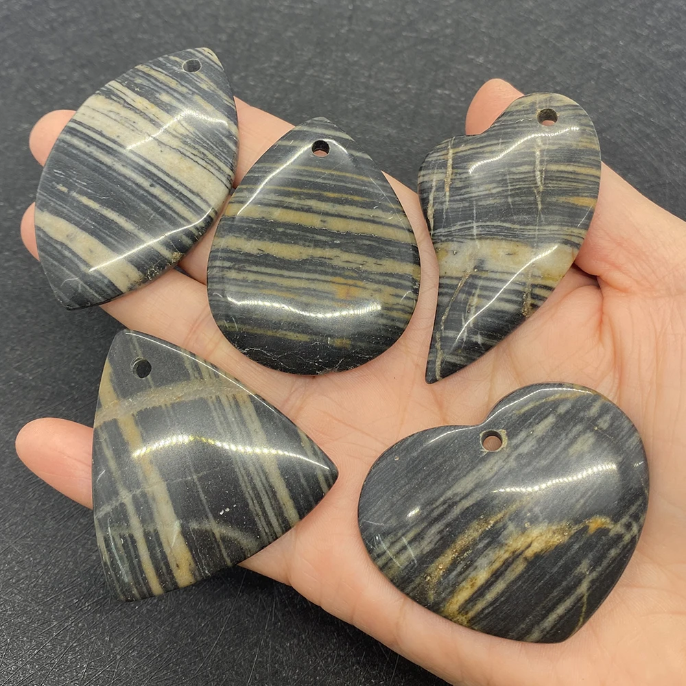

5pcs/set Natural Stone Leaves Pendant for Jewelry Making DIY Necklace Earring Reiki Gemstone Heart Shape Black Line Agate Charms