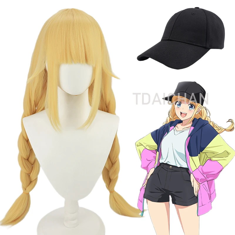 

Ya Boy Kongming! Tsukimi Eiko Cosplay Costume Wig Women Golden Double Braided Long Hair Cute Girl Wig 85cm Black Hat Cap