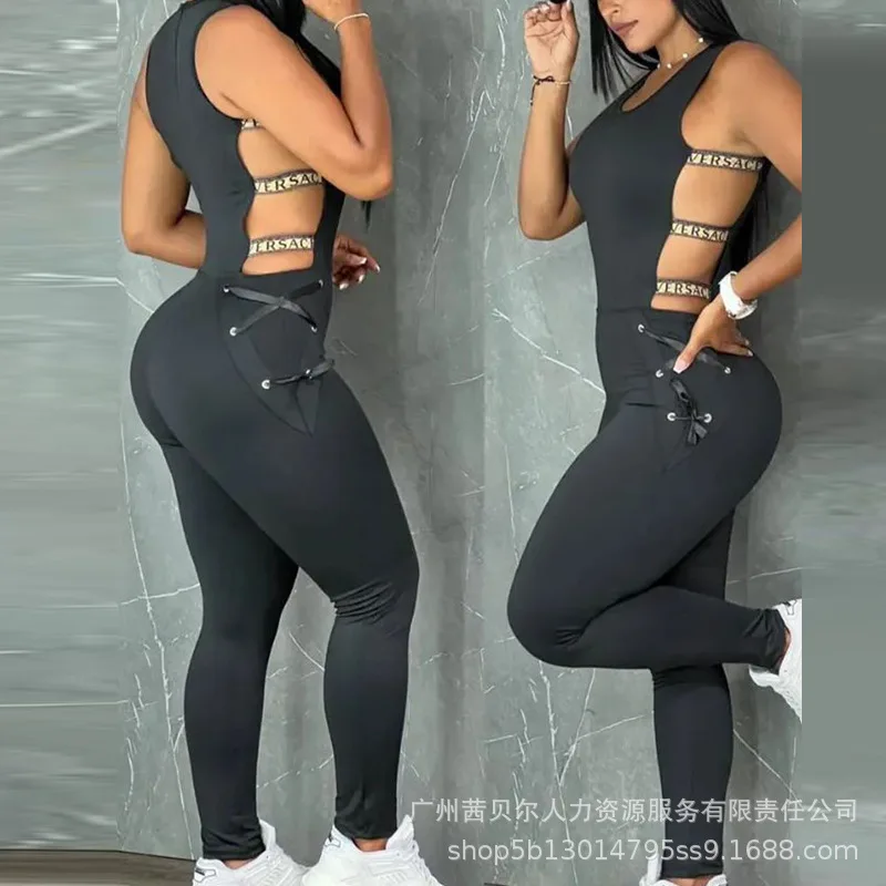 

Letter Pattern Sleeveless Ladder Cutout Jumpsuit Summer Sexy Women 2023 Spaghetti Strap Overall Pencil Pants Slim One Piece