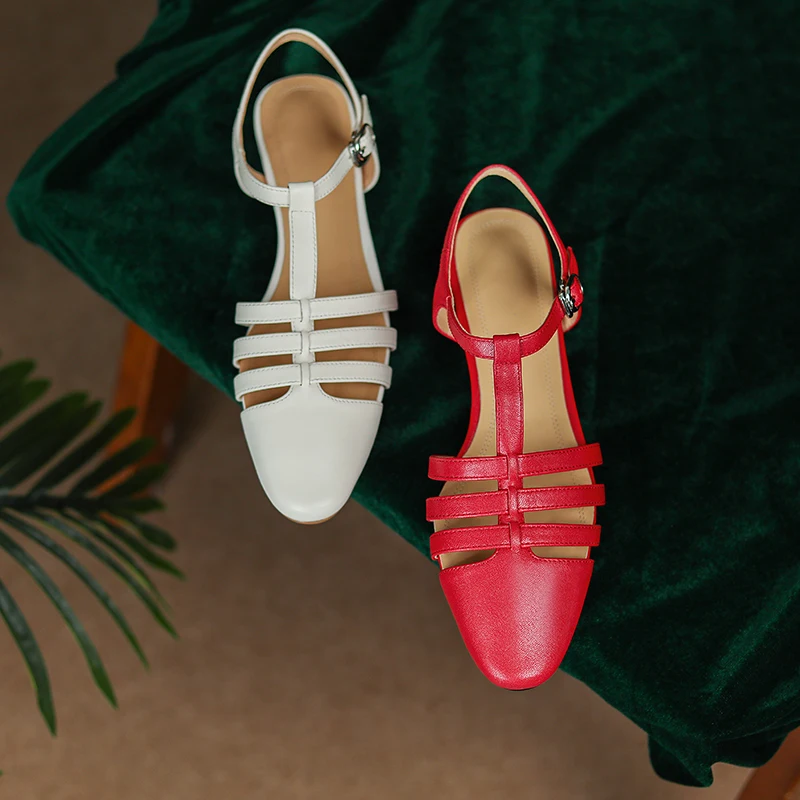 

Womens' Pumps Leather Lady Sandals Female Retro Sandals Buckle Strap Vintage Heel Shoes Summer Gladiator Sandal Roman Style
