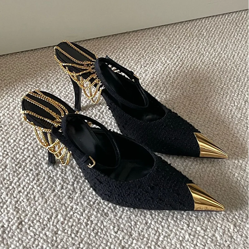 Charming Woman Back Gold Silver Chains Strap Cutout Kitten Heels Sandals Ladies Pointed Toe Banquet Dress High Heels Pump Shoes