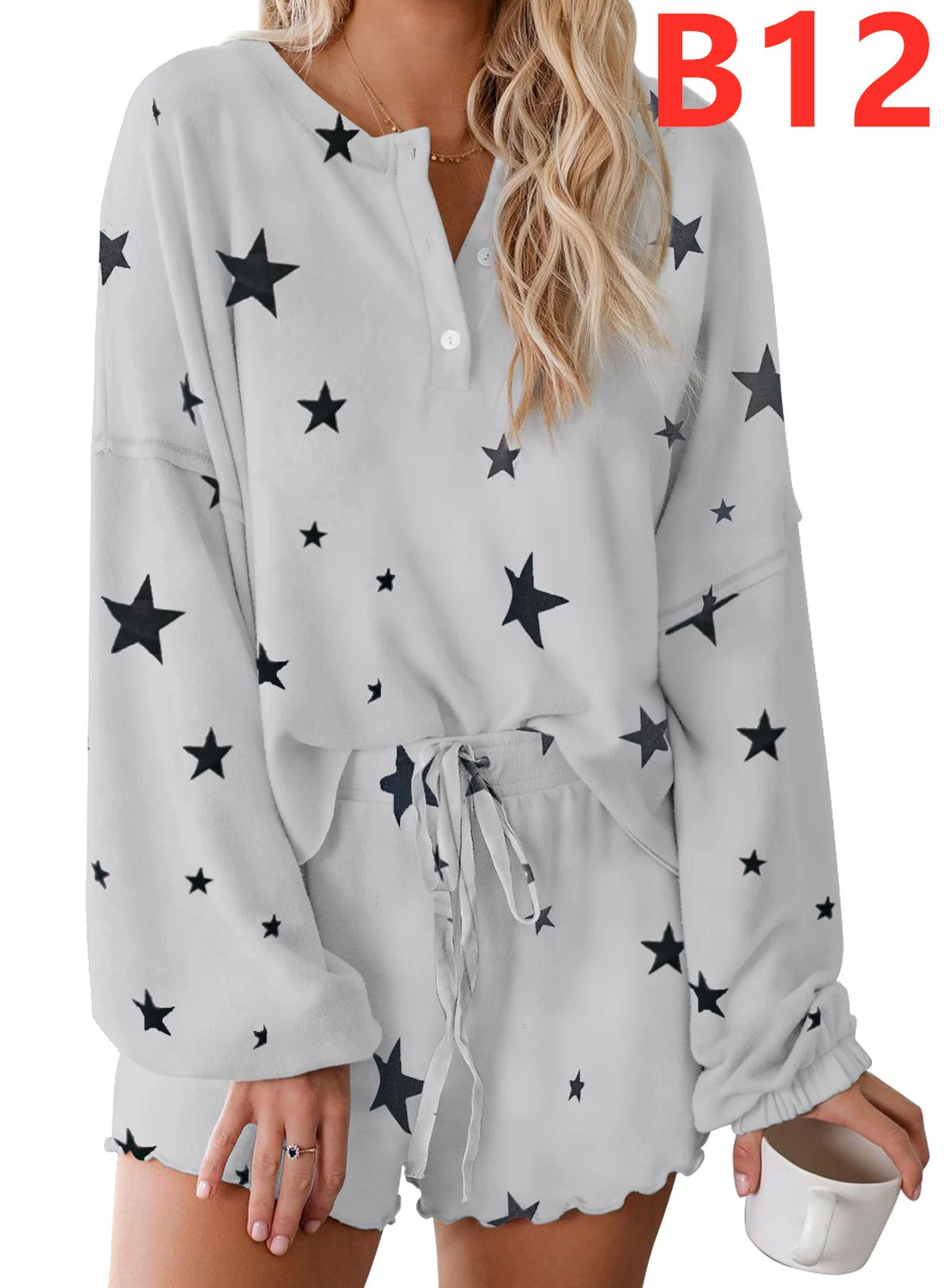 

2023Tie dyed pajamas women's summer new breathable long sleeve wood ear edge home wear two piece set for ladies