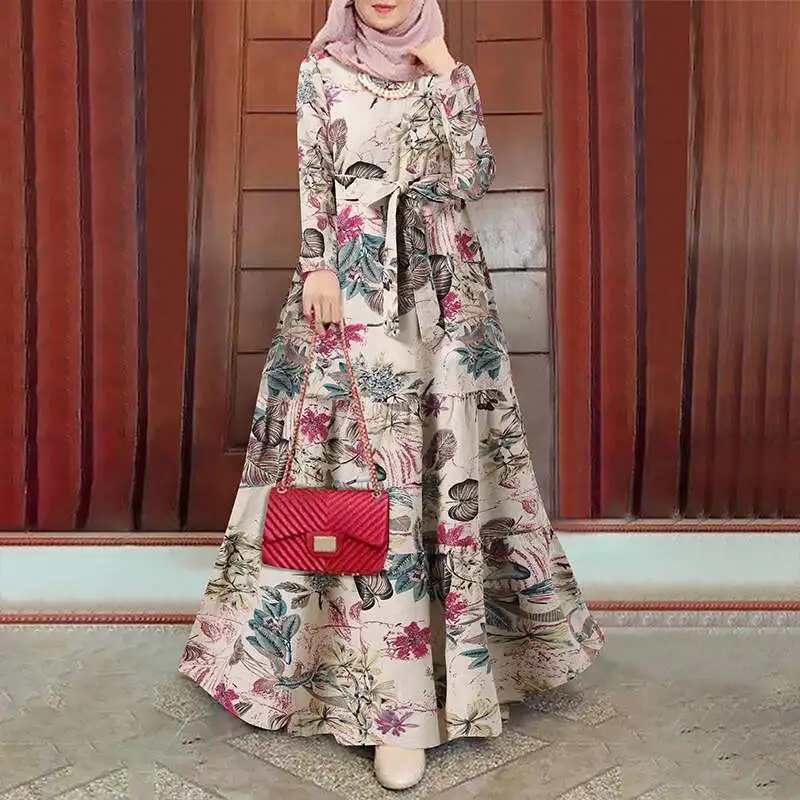 3XL Vintage Printed Sundress Women Muslim Dress 2022 Casual Floral Maxi Vestidos Female Dubai Turkey Abaya Hijab Robe Femme